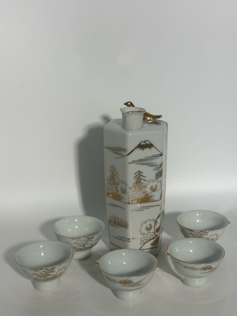 White Porcelain Sake Set with Gold accent made in Japan vintage